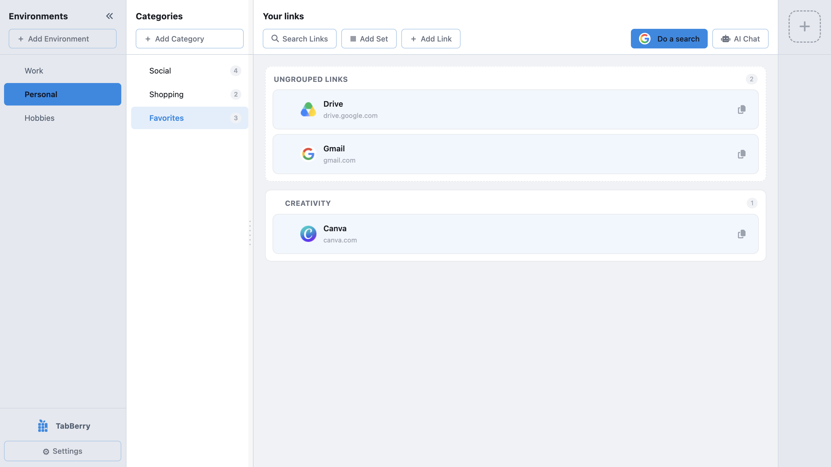 TabBerry's new tab, showing environments, categories and grouped links